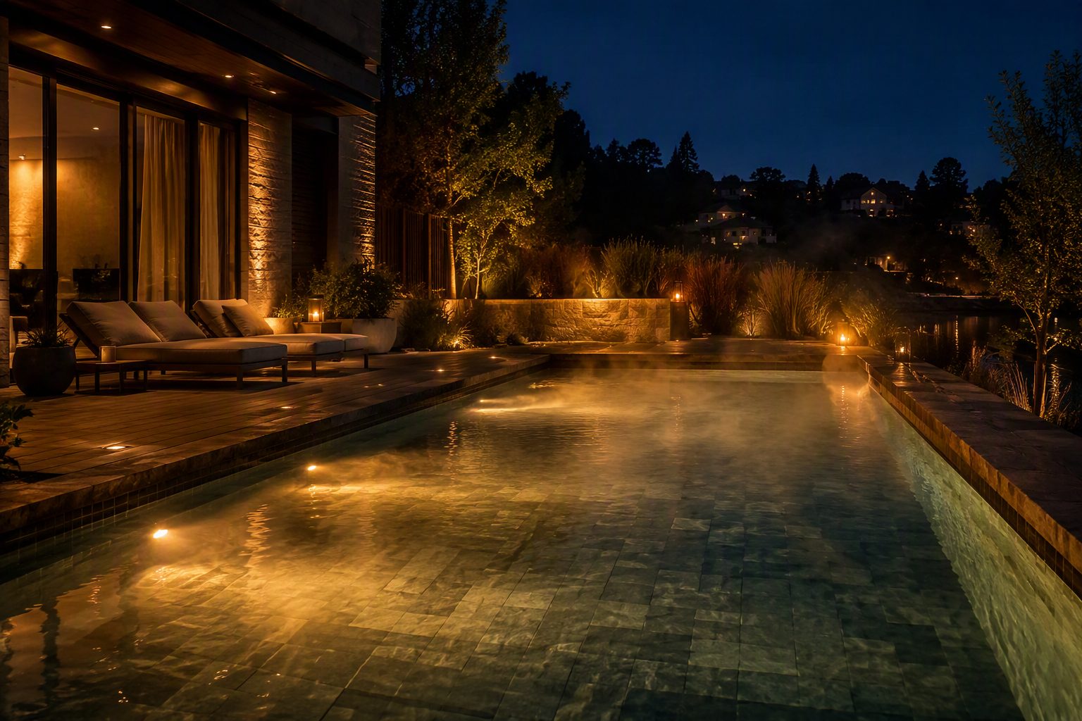 Piscina aquecida e iluminada à noite